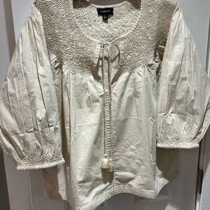 Evereve Cream Smocked Peasant Blouse with Tassel Tie